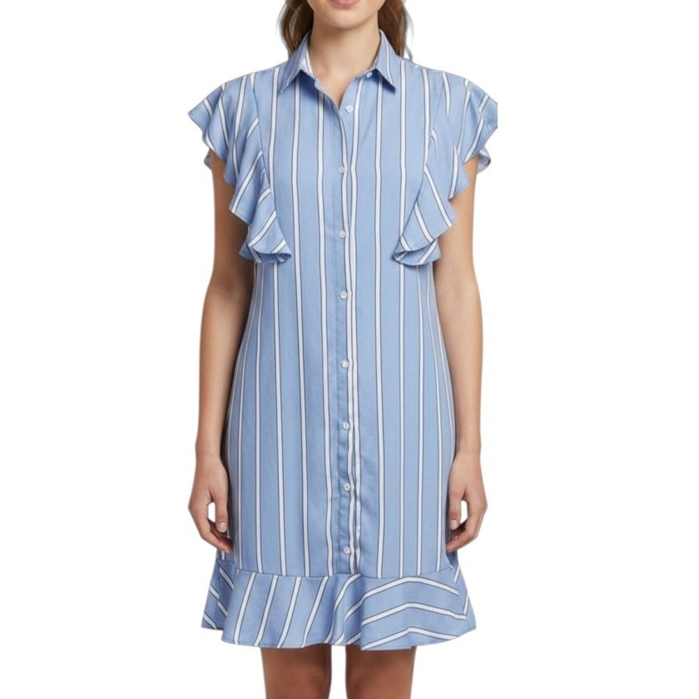 GILLI Blue & White Stripe BUTTON-UP SHIRT SHIFT DRESS Flutter Ruffle Sleeve SZ M